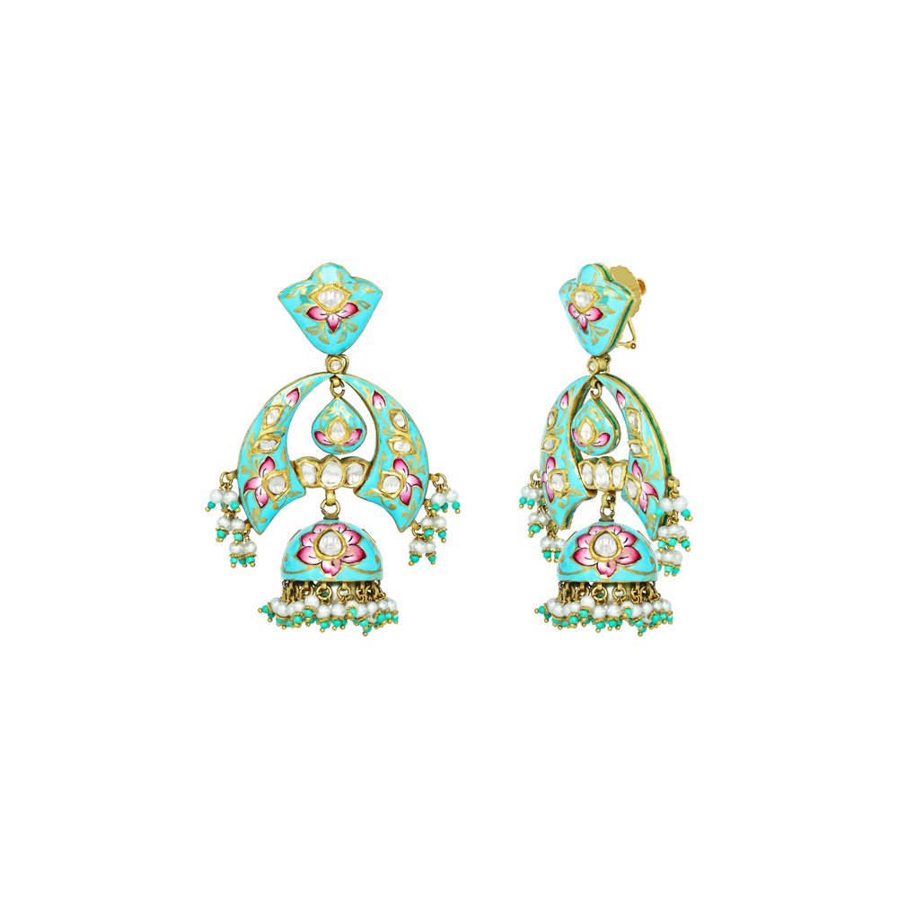 Pastel Enamel Jhumkas with Pearl and Turquoise Danglings